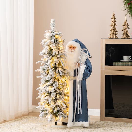 Glitzhome® 3.5ft. Oversized Deluxe Blue Christmas Santa with 4ft Lighted Flocked Artificial Christmas Tree